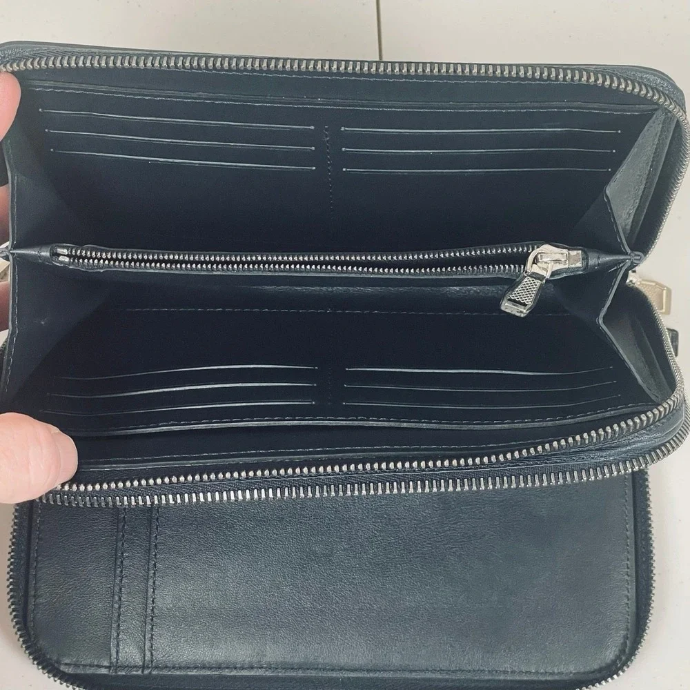Brioni Blue‎ Saffiano Leather Double Zip Wallet Wristlet Italy Luxury Organizer